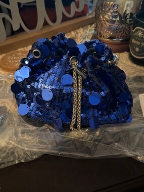Sequined Drawstring Evening Bag in Royal Blue